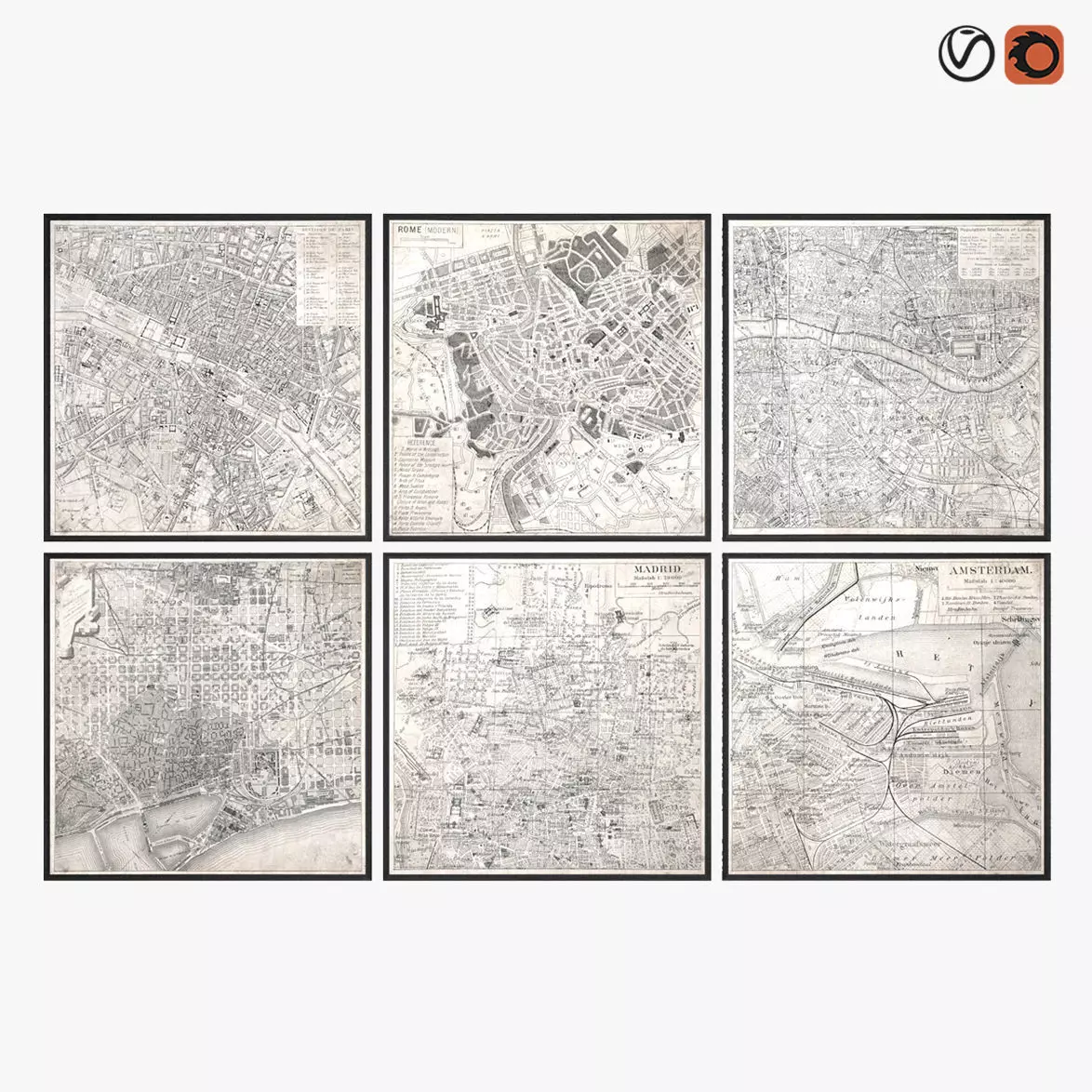 Restoration Hardware Vintage Aerial Maps Of European Cities 3D model_0