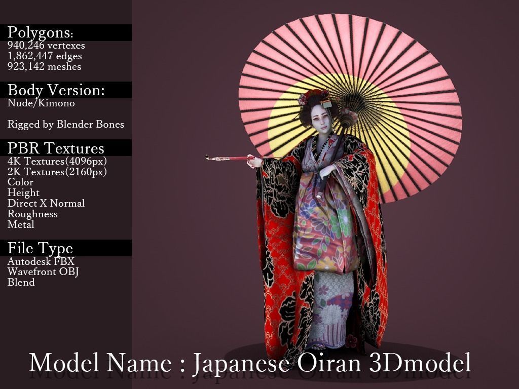 Japanese Oiran Girl Game Ready Low-poly 3D model Low-poly 3D model_3