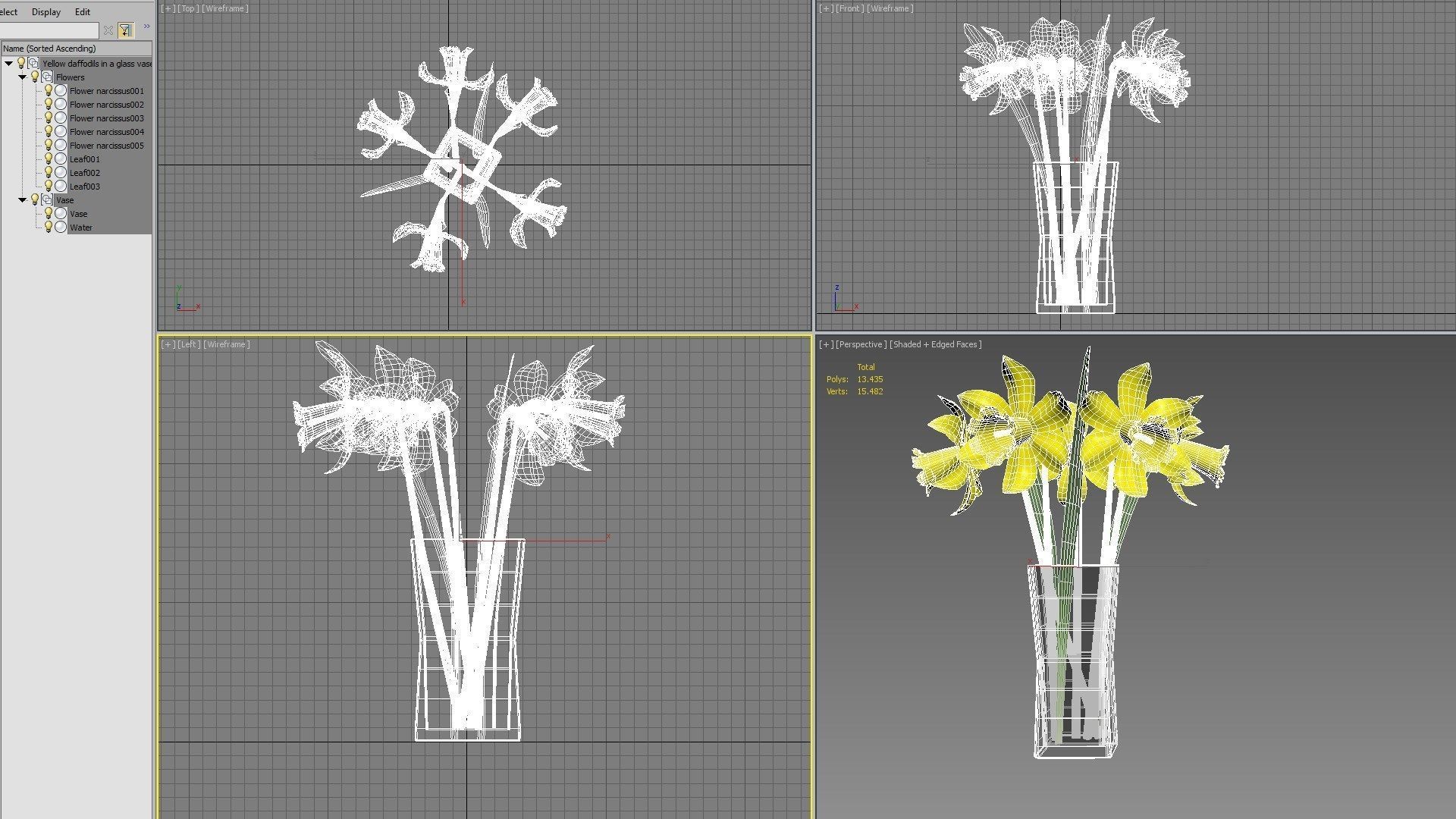 Yellow daffodils in a glass vase 3D model_10