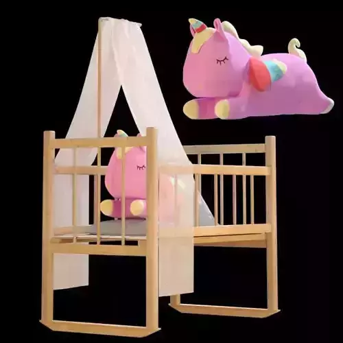 Pink unicorn in a toy bed