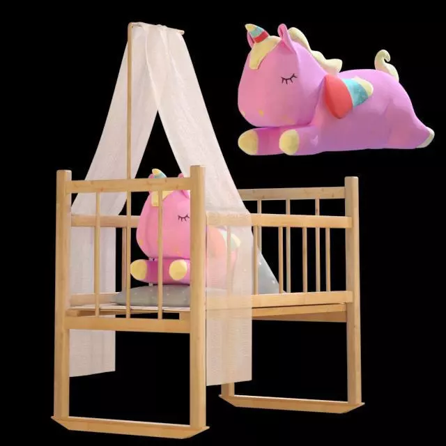 Pink unicorn in a toy bed 3D model_0
