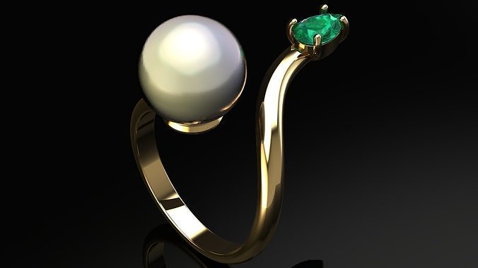 Gold Ring with Pearl and Pear Gem size 16 mm 3D print model