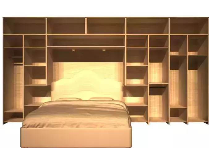 WARDROBE bedroom with shelves and bed