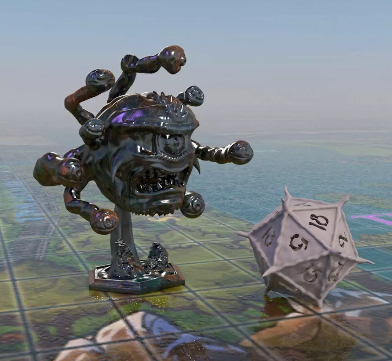 Dungeons and Dragons Beholder and stylized dice d20 3D print model