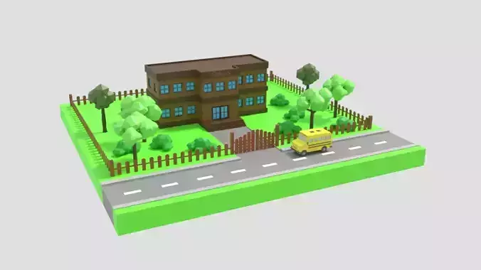 Low Poly Cartoon School Scene Low-poly 3D model