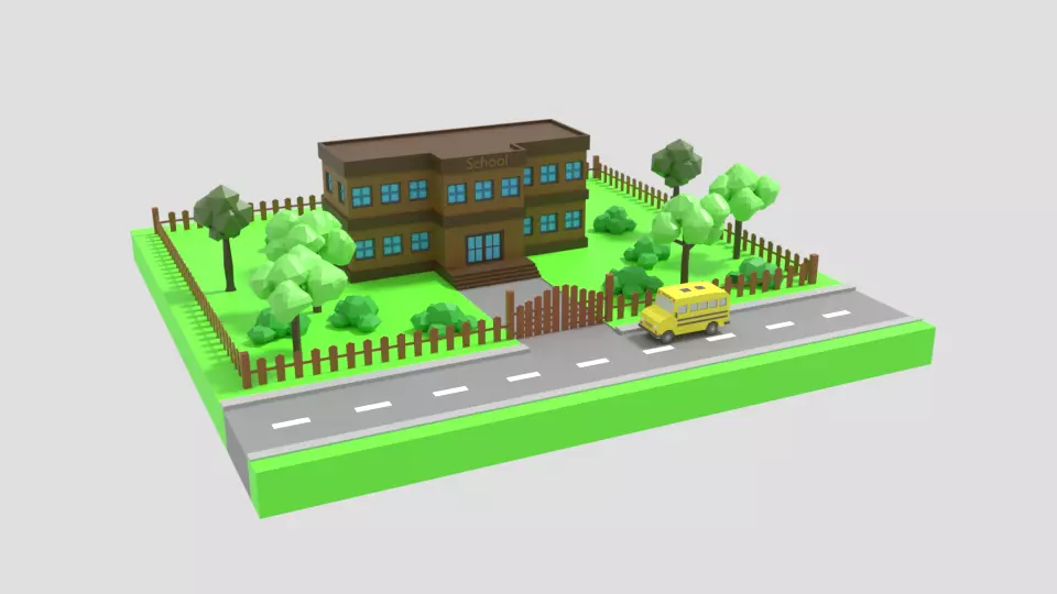 Low Poly Cartoon School Scene Low-poly 3D model_0