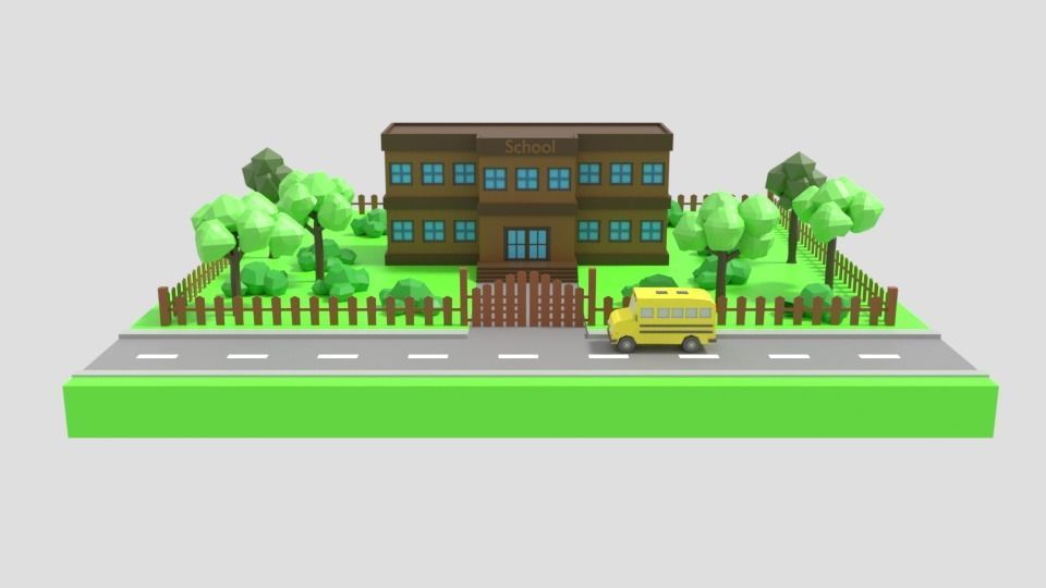 Low Poly Cartoon School Scene Low-poly 3D model_1