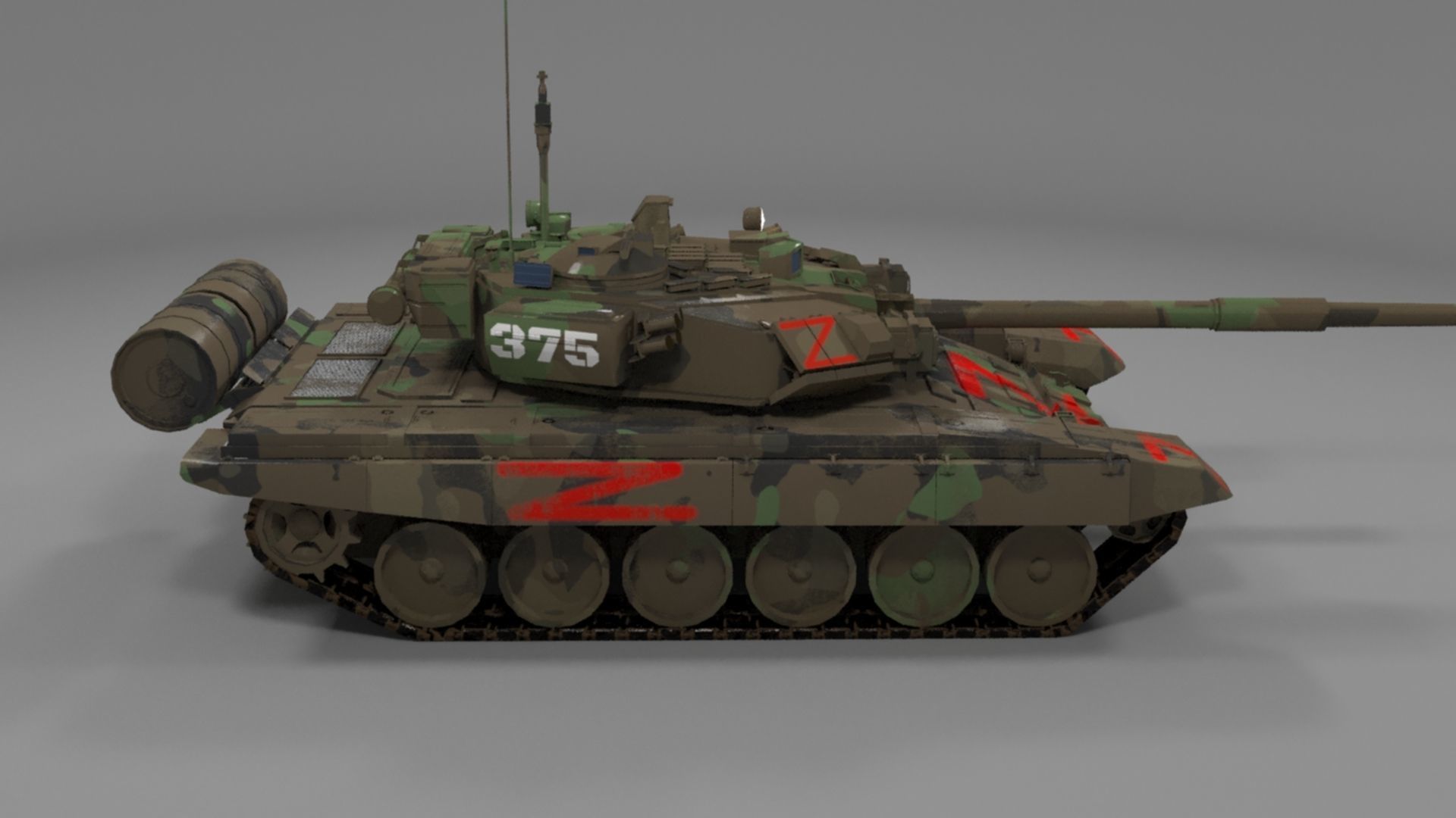 Weathered Wagner PMC Camouflaged T90A Tank with Red Z Marking Low-poly 3D model_16