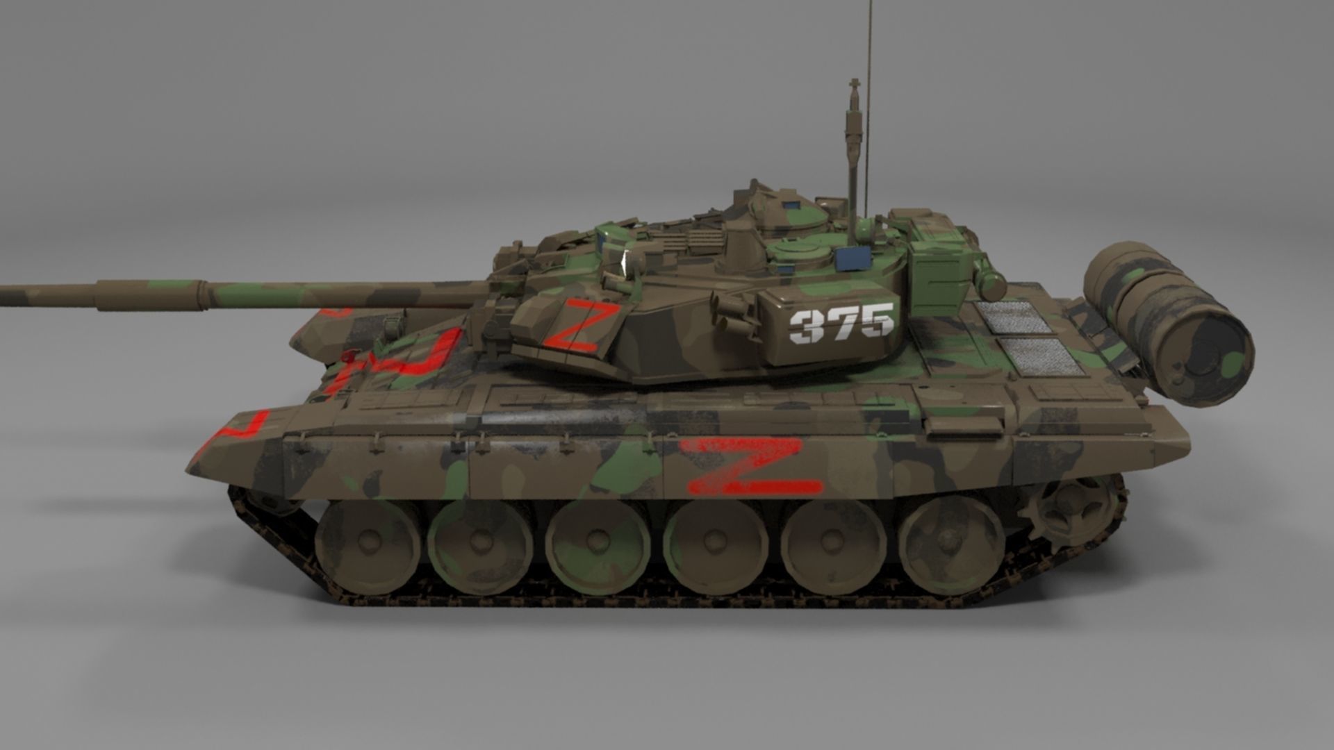 Weathered Wagner PMC Camouflaged T90A Tank with Red Z Marking Low-poly 3D model_6