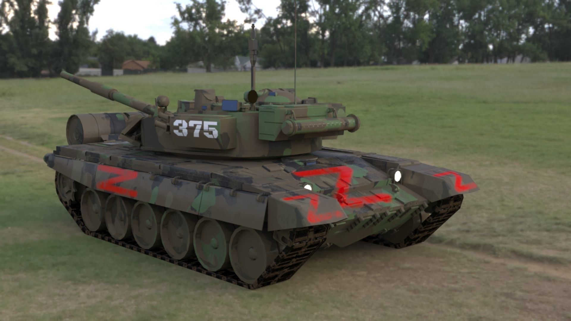 Weathered Wagner PMC Camouflaged T90A Tank with Red Z Marking Low-poly 3D model_3