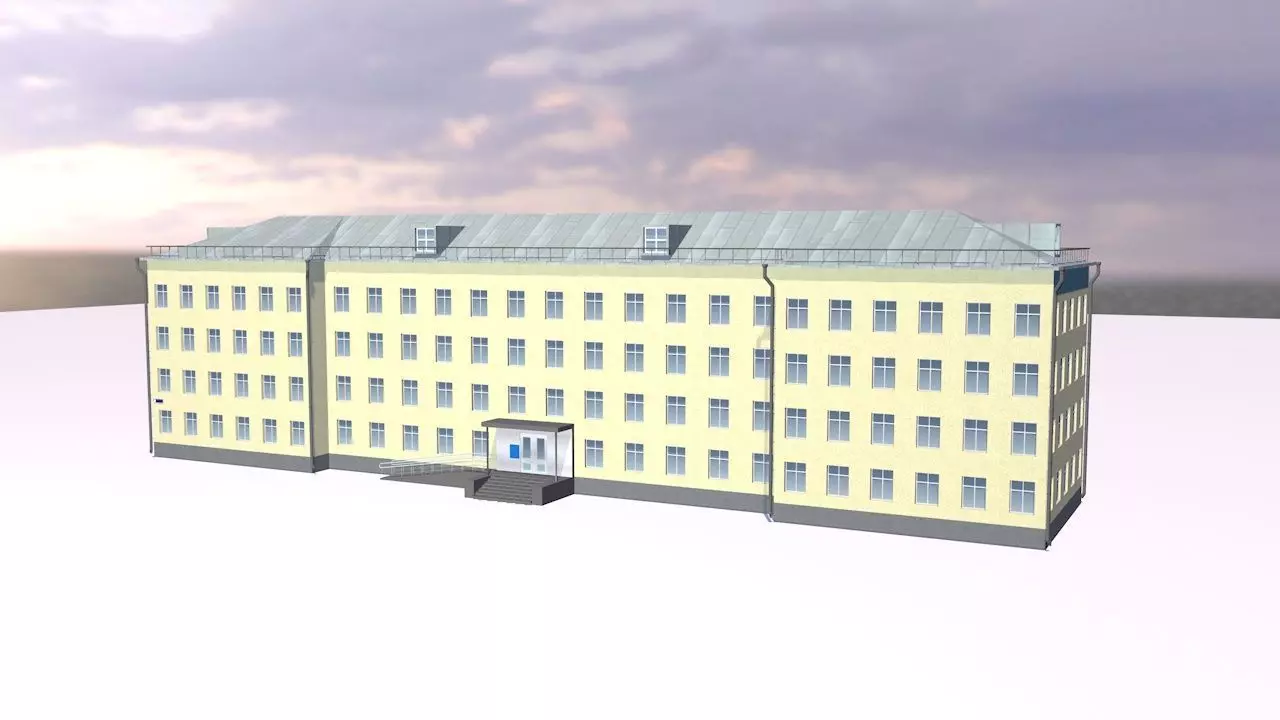School building with sun behind it 3D model_0