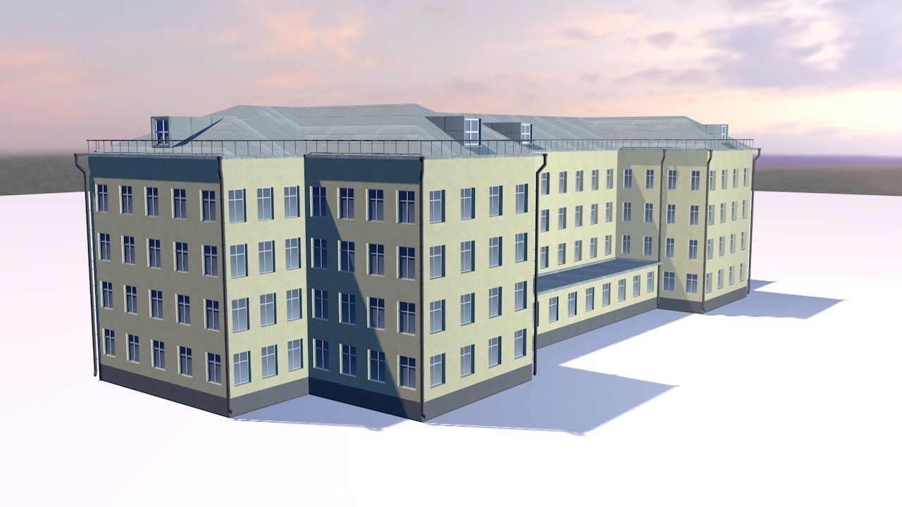 School building with sun behind it 3D model_1