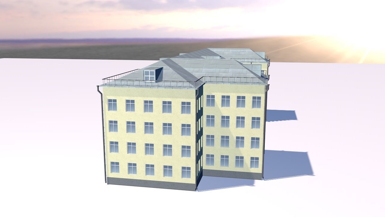 School building with sun behind it 3D model_2
