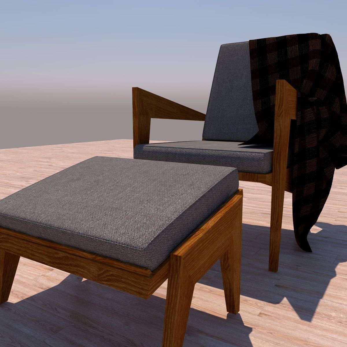 chair wooden with blanket 3D model_5