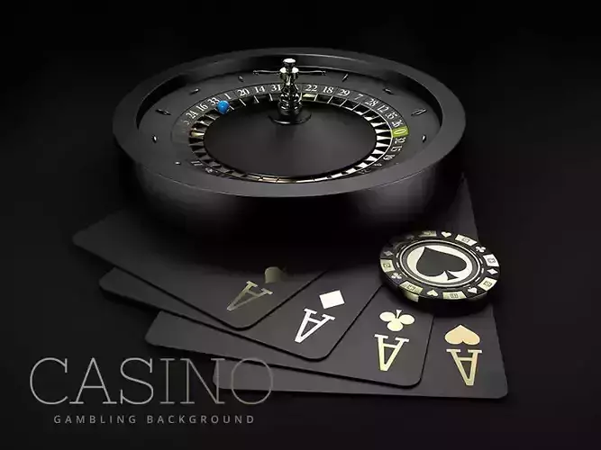 Black Casino Roulette Wheel with a blue ball and gold chip 3D model