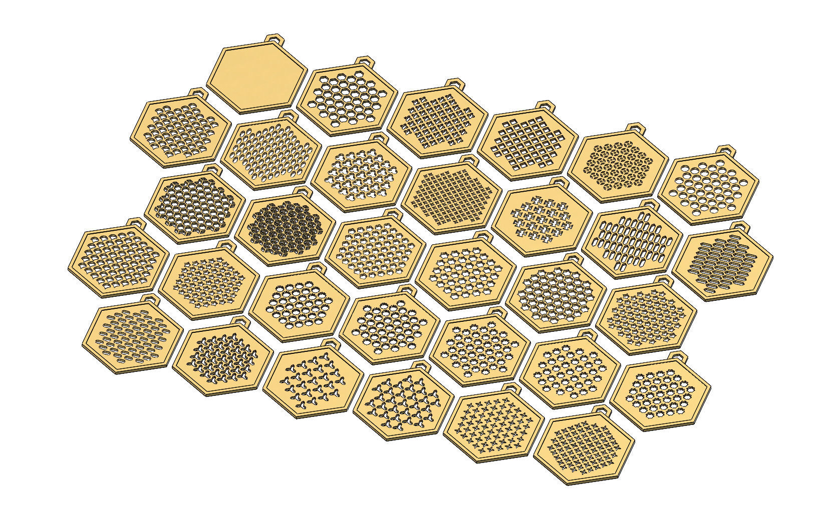32 Hexagonal pattern pendants with a variation of meshs  3D print model_1