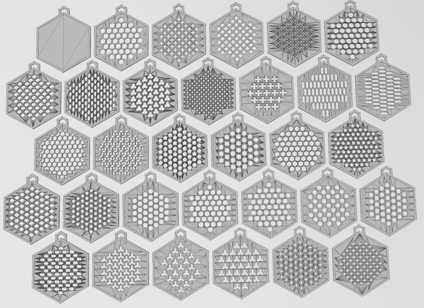 32 Hexagonal pattern pendants with a variation of meshs  3D print model_18