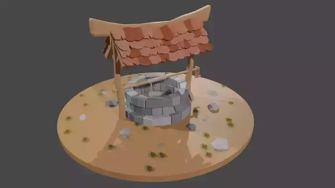 Low Poly Fountain water well with roof