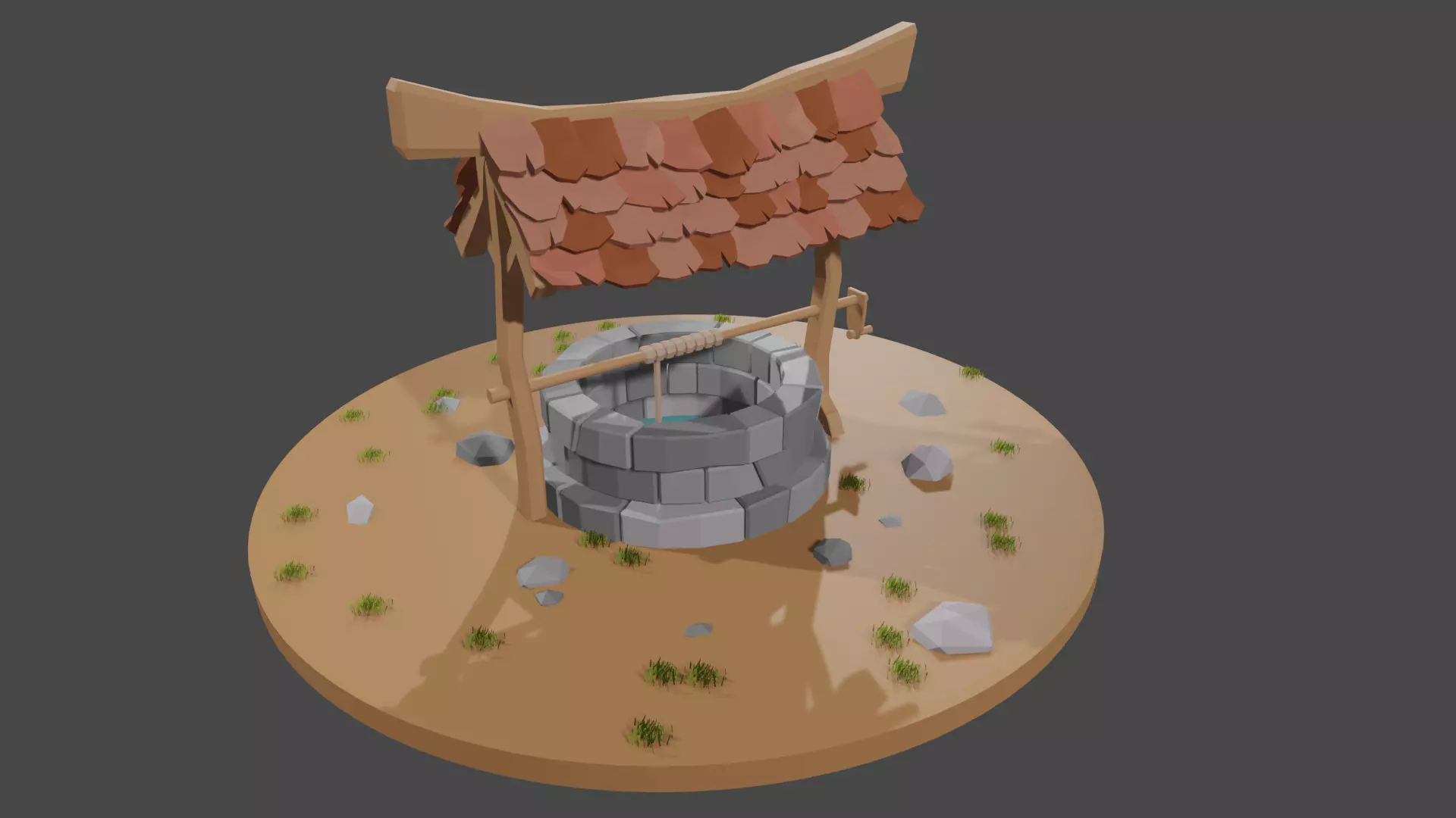 Low Poly Fountain water well with roof 3D model_0