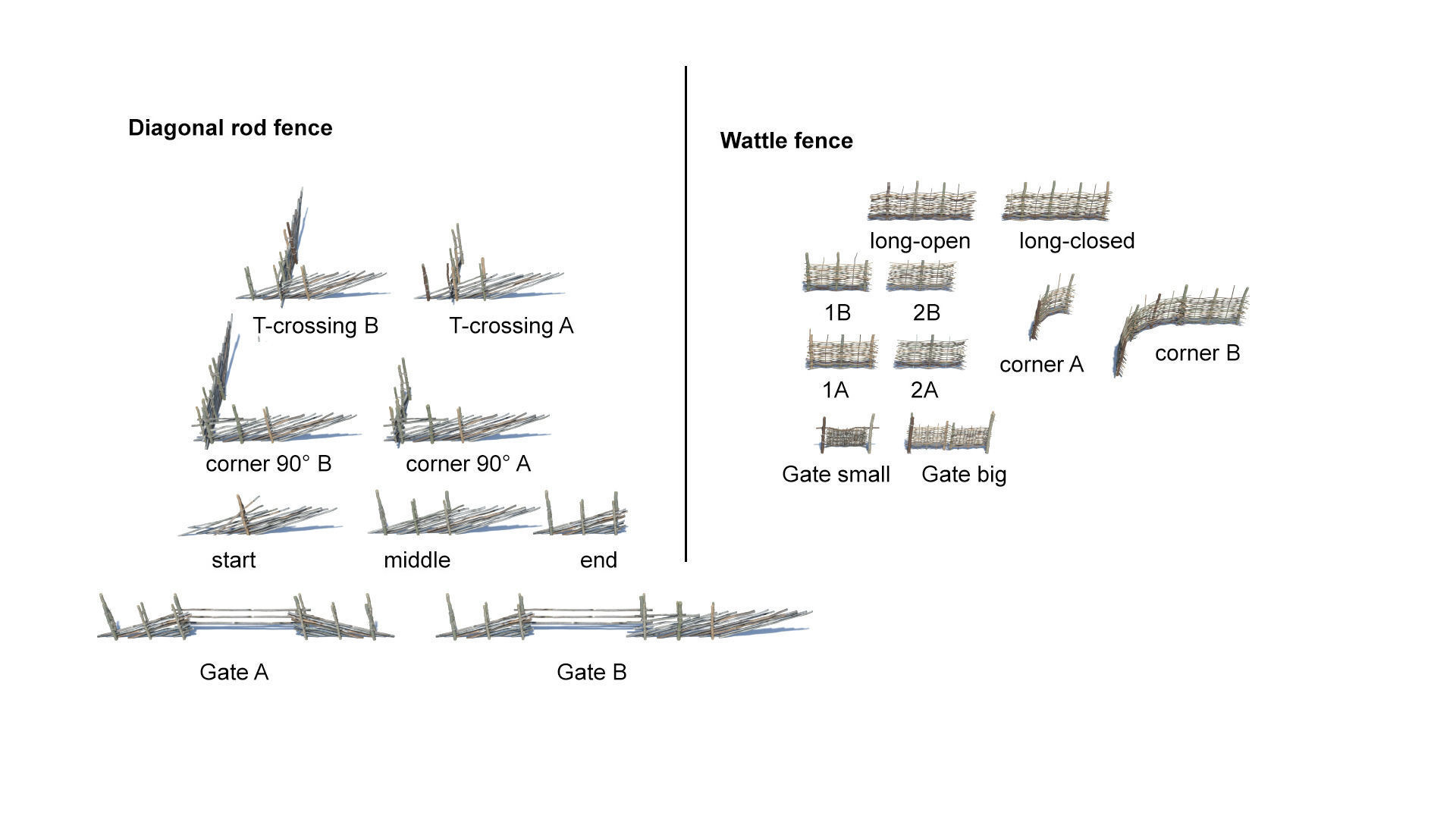 Modular medieval wooden fence pack Low-poly 3D model_26