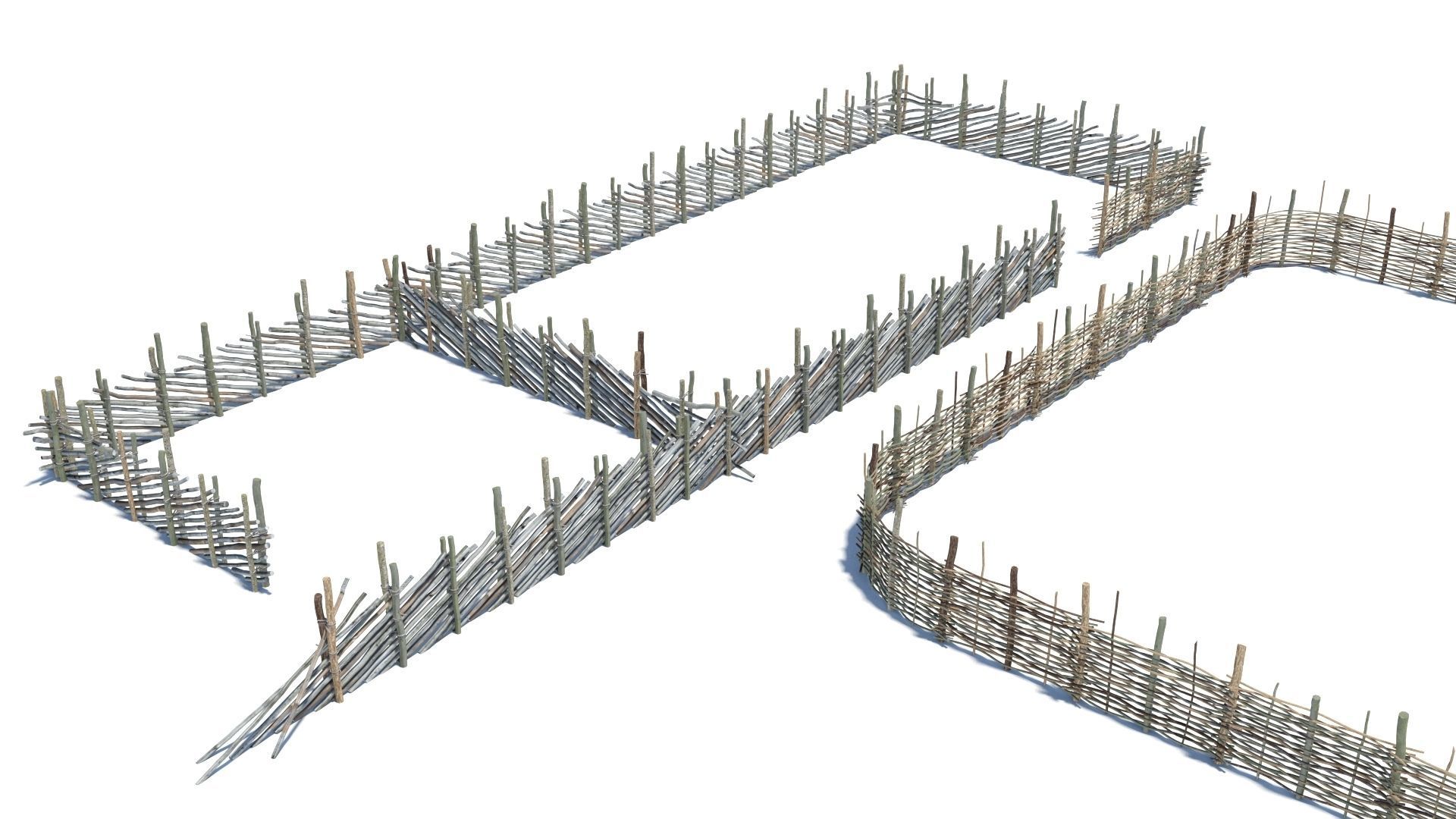 Modular medieval wooden fence pack Low-poly 3D model_1