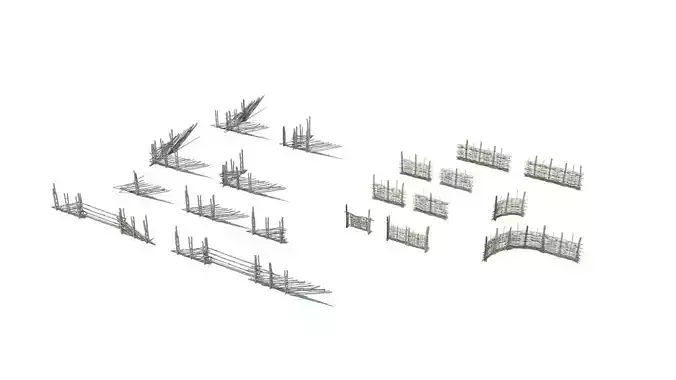 Modular medieval wooden fence pack Low-poly 3D model
