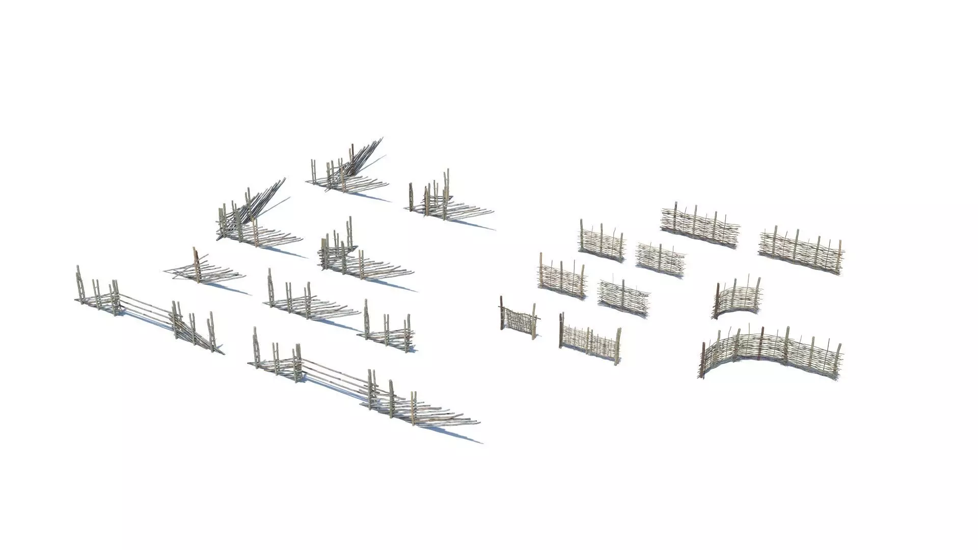 Modular medieval wooden fence pack Low-poly 3D model_0