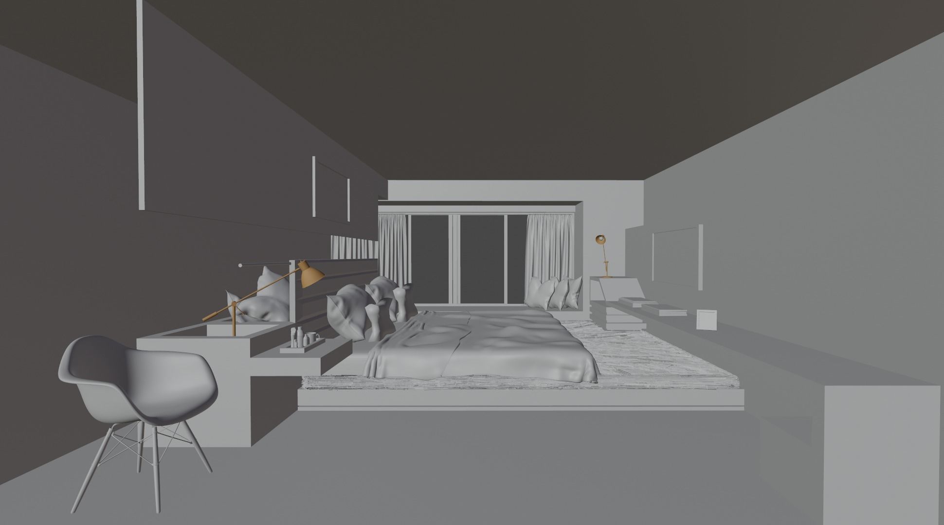 Bedroom with wooden floors and bed 3D model_1