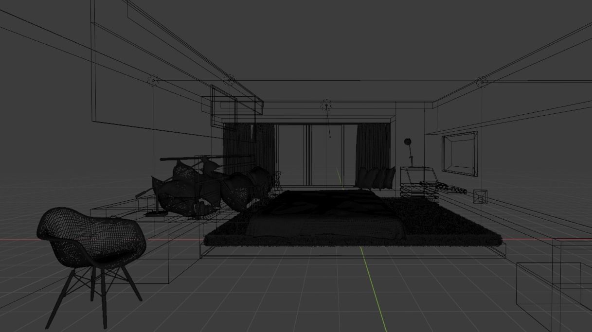 Bedroom with wooden floors and bed 3D model_2