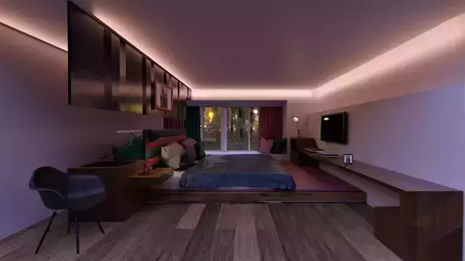 Bedroom with wooden floors and bed