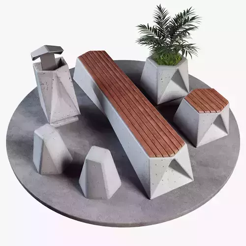 Street set of concrete benches and potted plant Low-poly 3D model