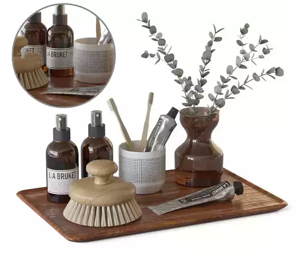 Bathroom set wooden tray with soaps and brushes