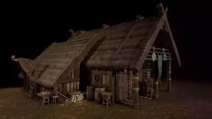 Viking Medieval House 03 with interior and Props Low-poly 3D model