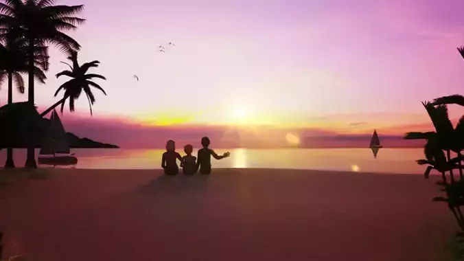 The family is watching the sunrise at the seaside