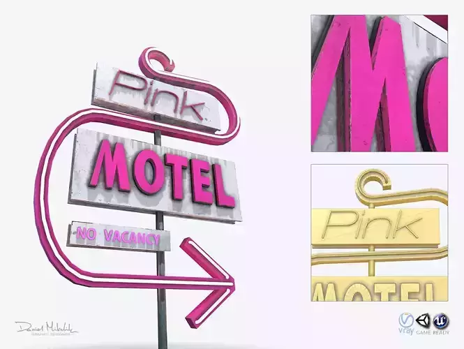 Motorway Sign PBR Pink Motel 6 Low-poly 3D model