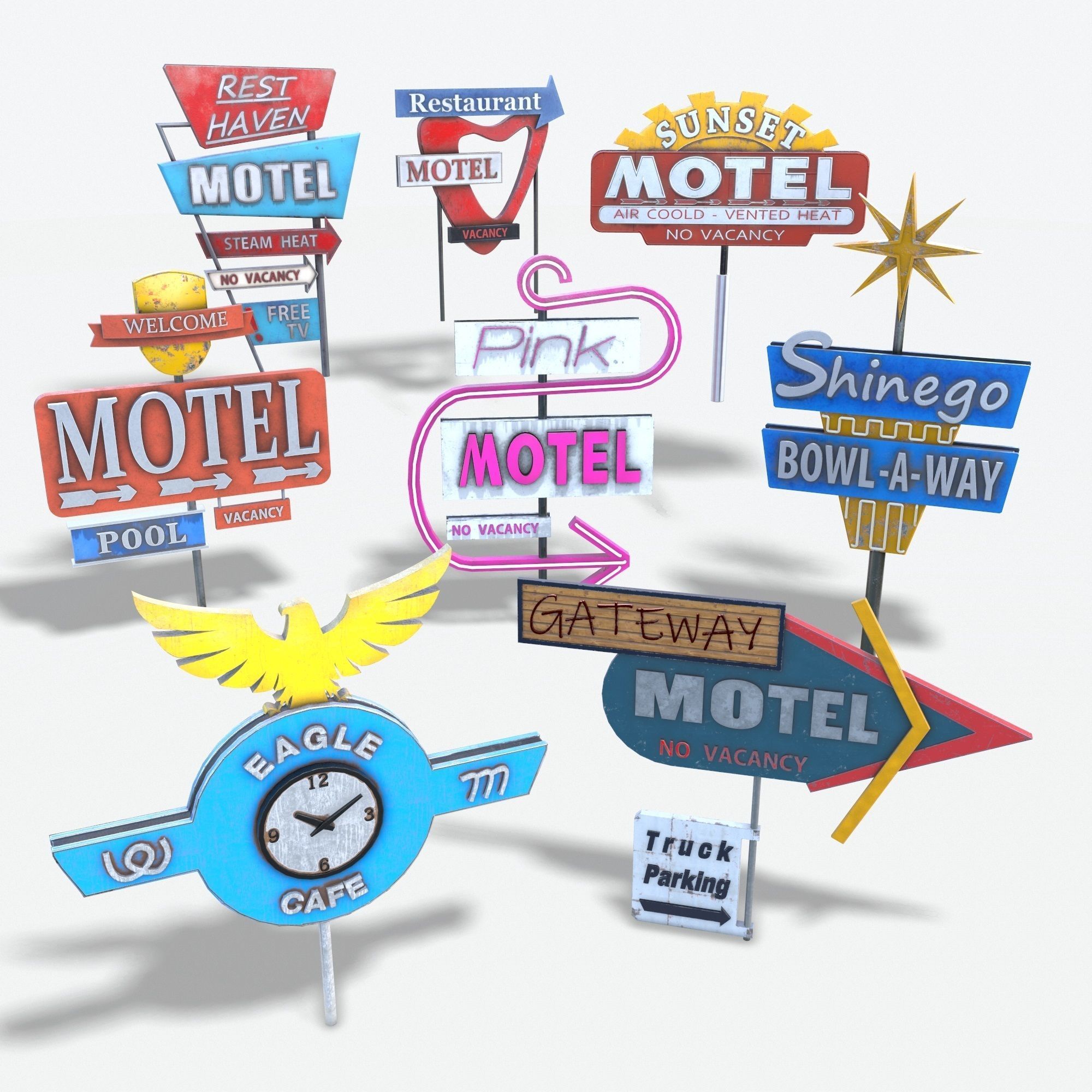 Bundle 8 Motorway Motel Sign PBR 3D Model Collection_9