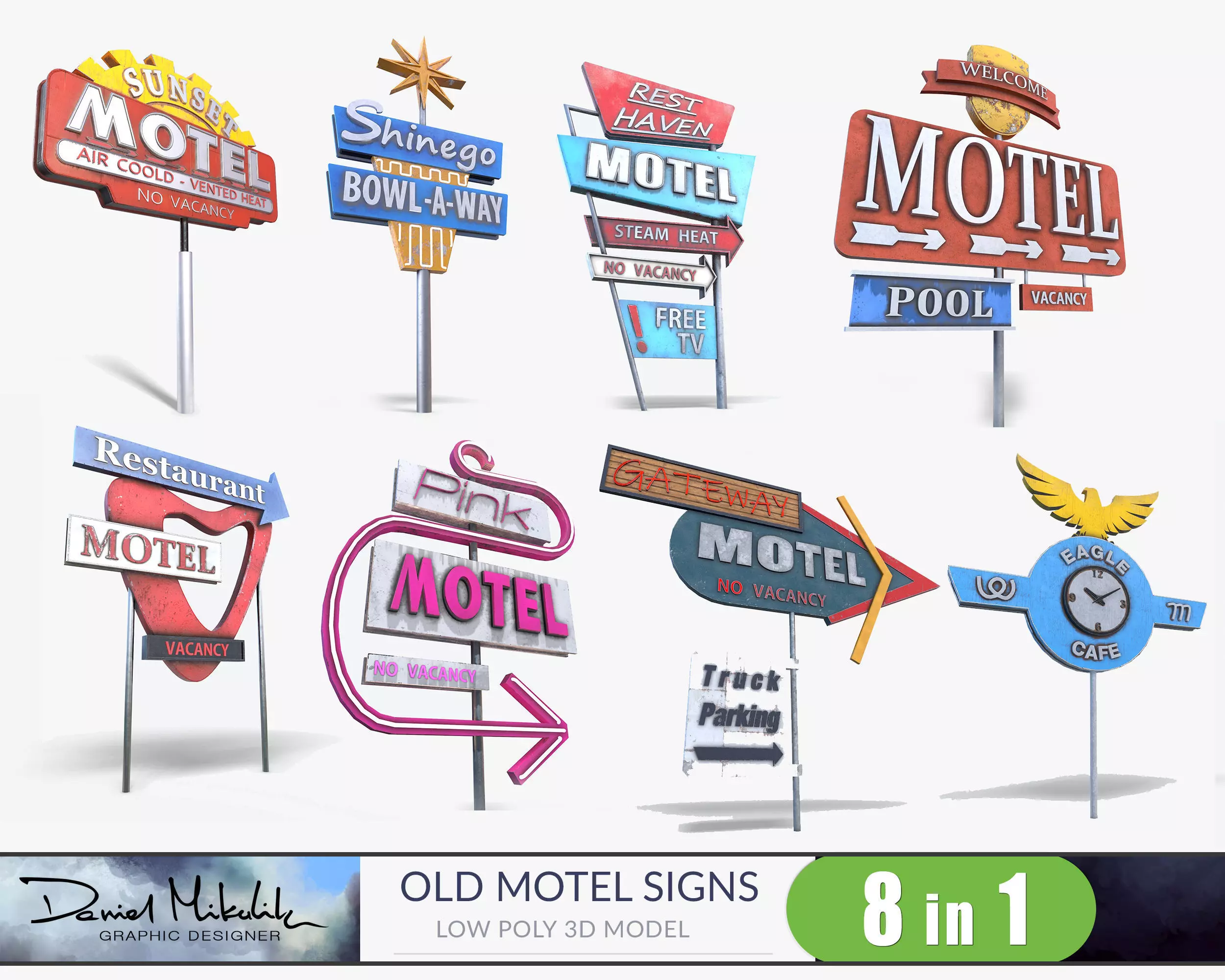 Bundle 8 Motorway Motel Sign PBR 3D Model Collection_0