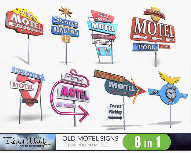 Bundle 8 Motorway Motel Sign PBR 3D Model Collection