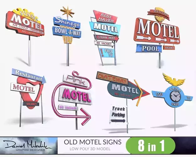 Bundle 8 Motorway Motel Sign PBR 3D Model Collection