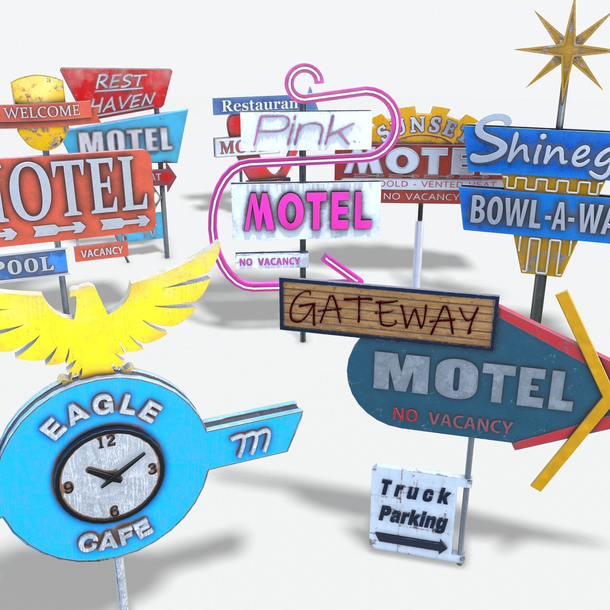 Bundle 8 Motorway Motel Sign PBR 3D Model Collection_11