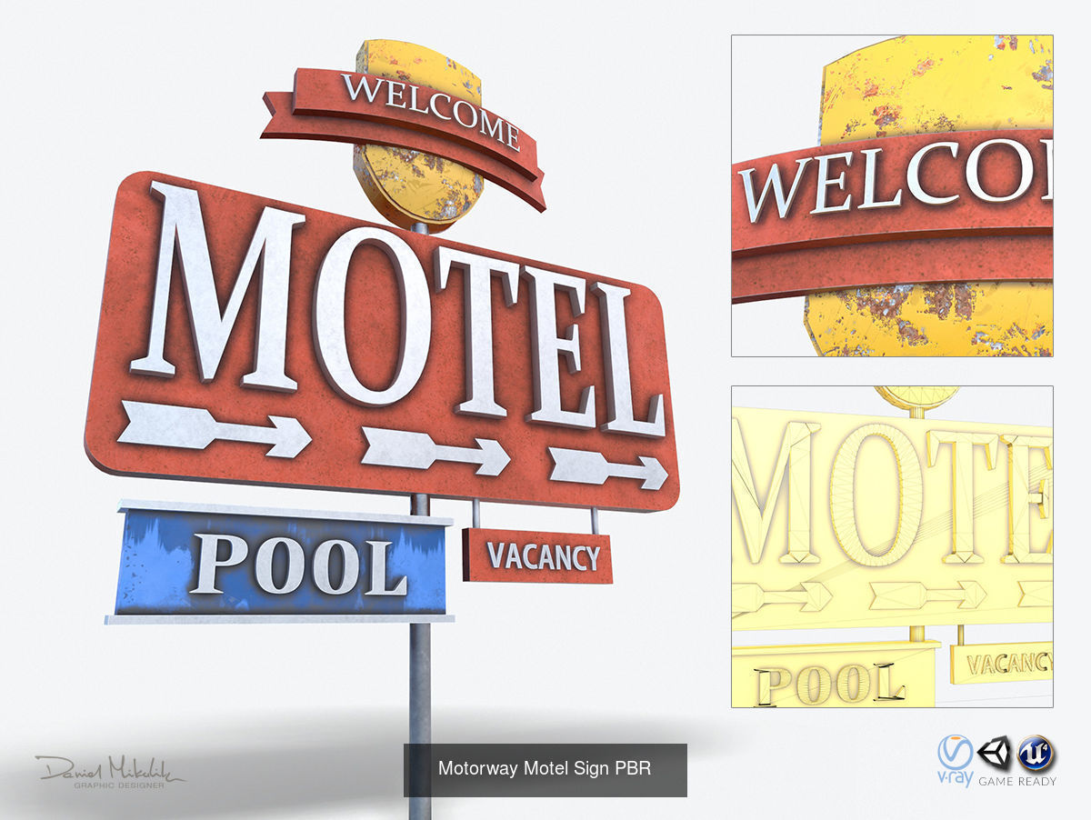 Bundle 8 Motorway Motel Sign PBR 3D Model Collection_15