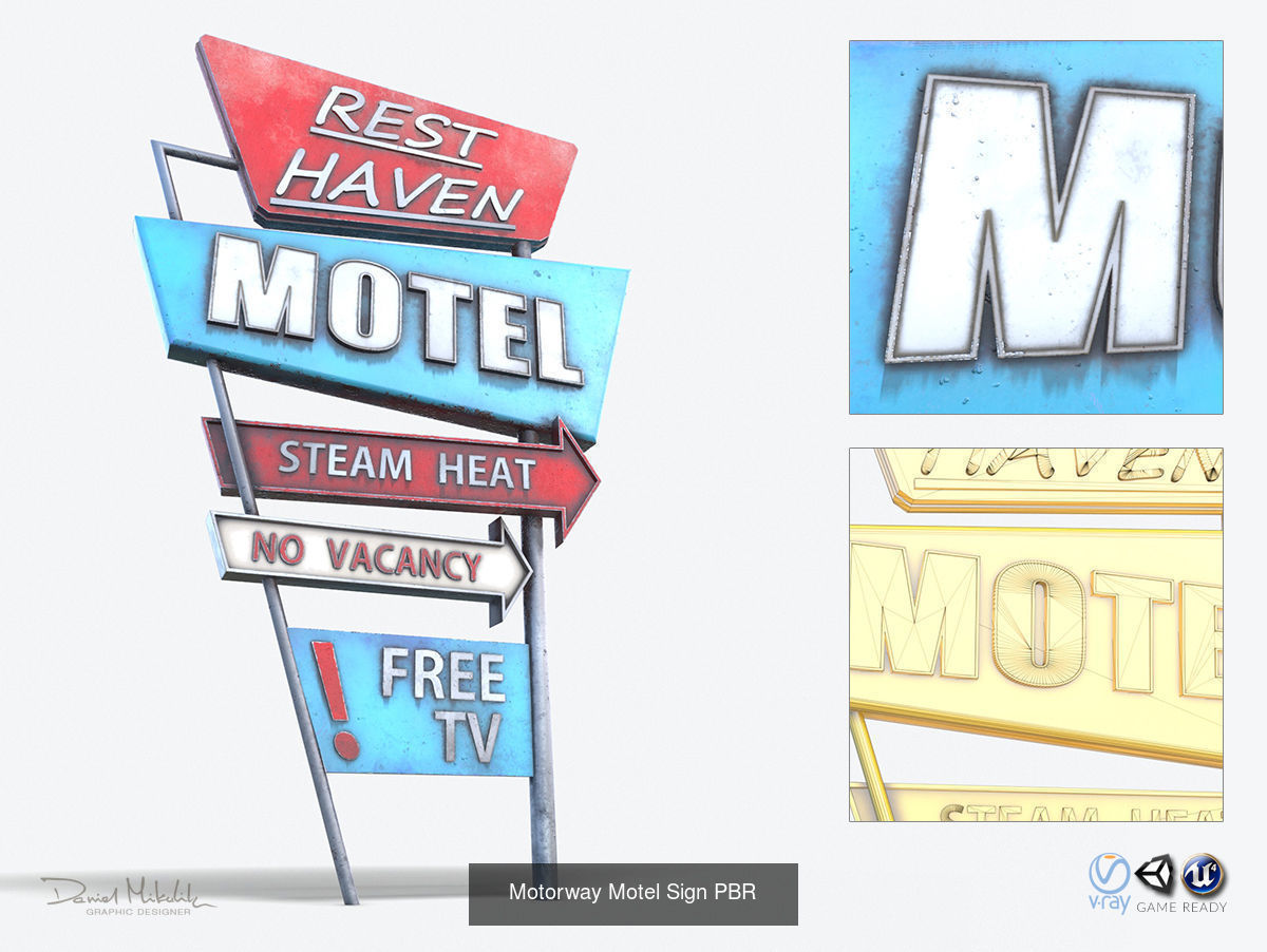 Bundle 8 Motorway Motel Sign PBR 3D Model Collection_17