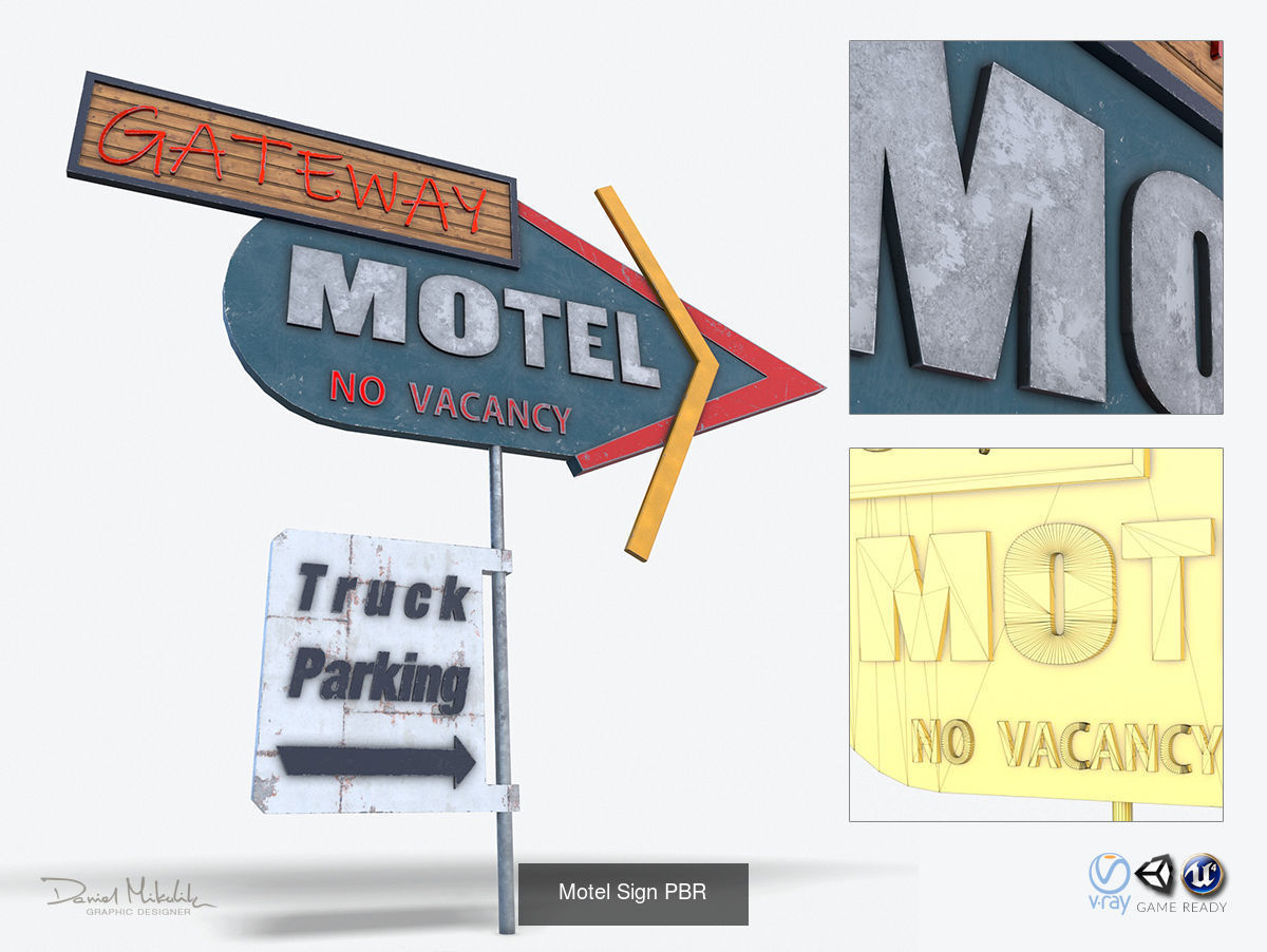 Bundle 8 Motorway Motel Sign PBR 3D Model Collection_13