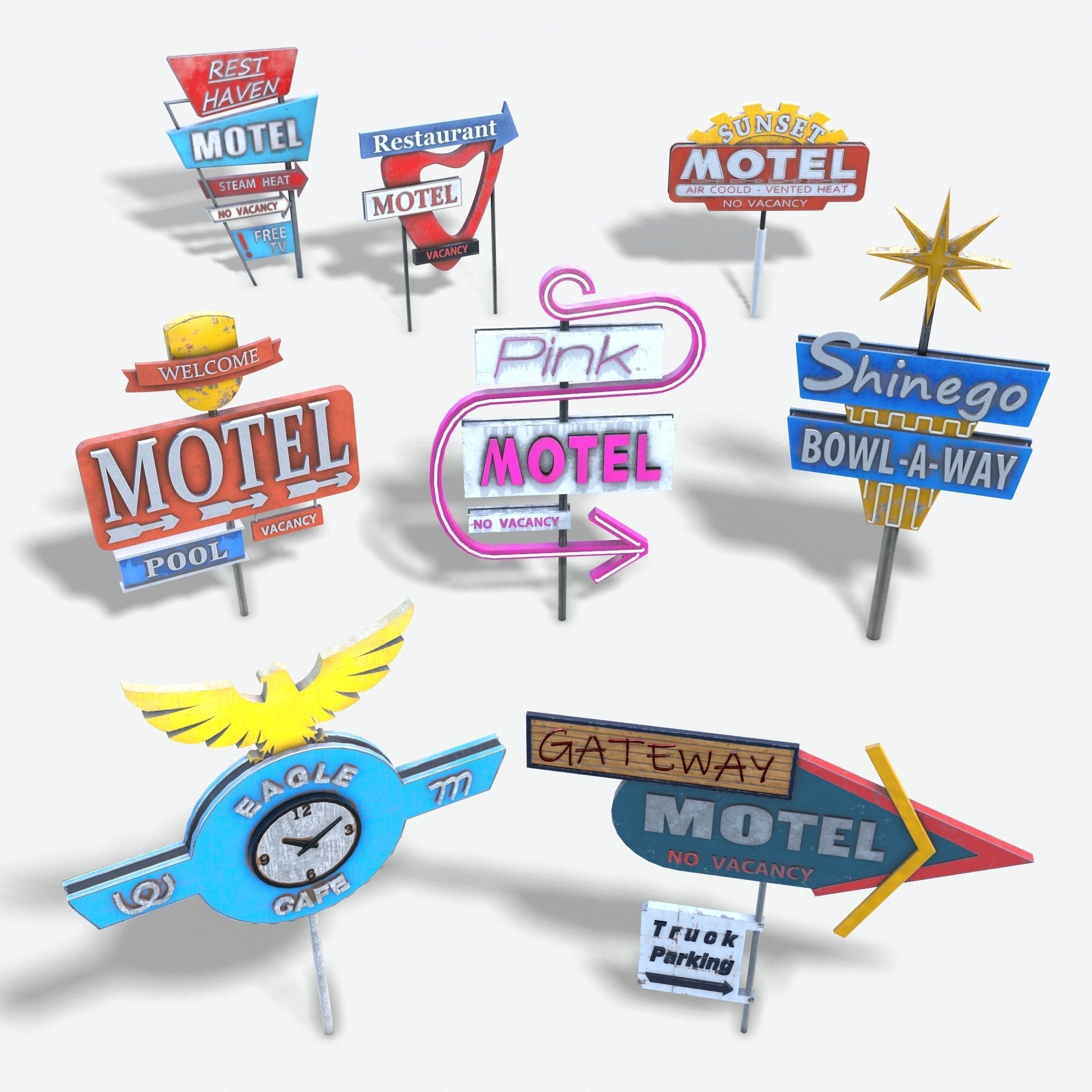 Bundle 8 Motorway Motel Sign PBR 3D Model Collection_10