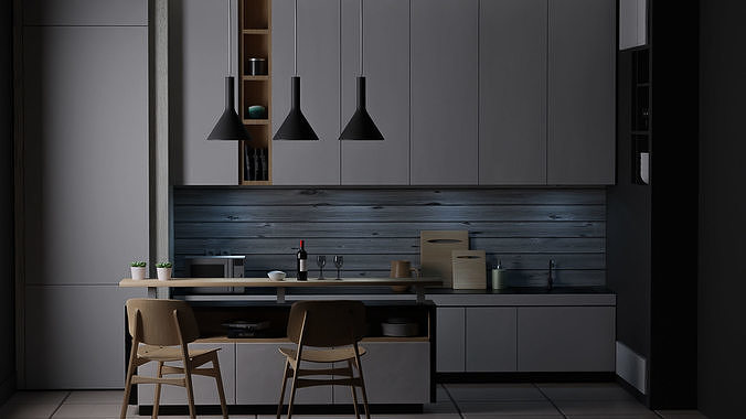 Kitchen modern with cabinets and counter tops Free 3D model