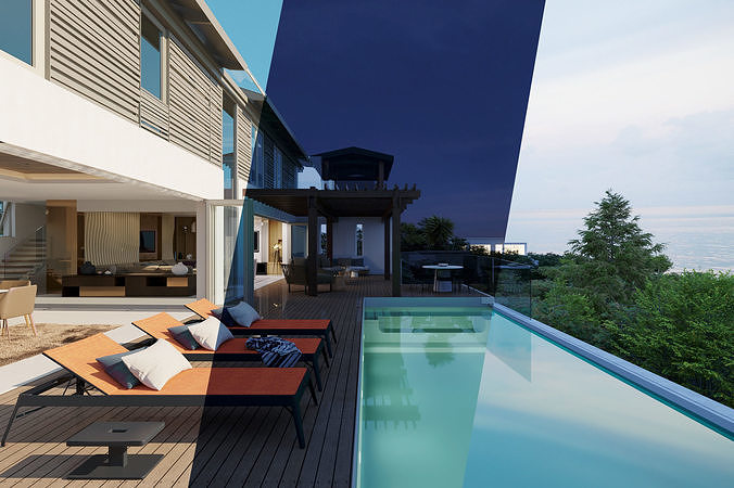 Luxury house with pool 3 setups in 1 day cloudy and night 3D model