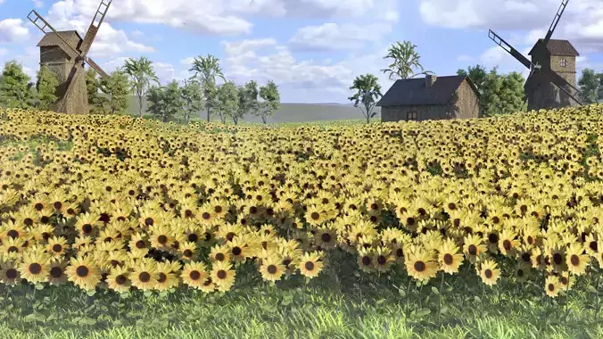 Low poly grass Sunflowers Low-poly 3D model