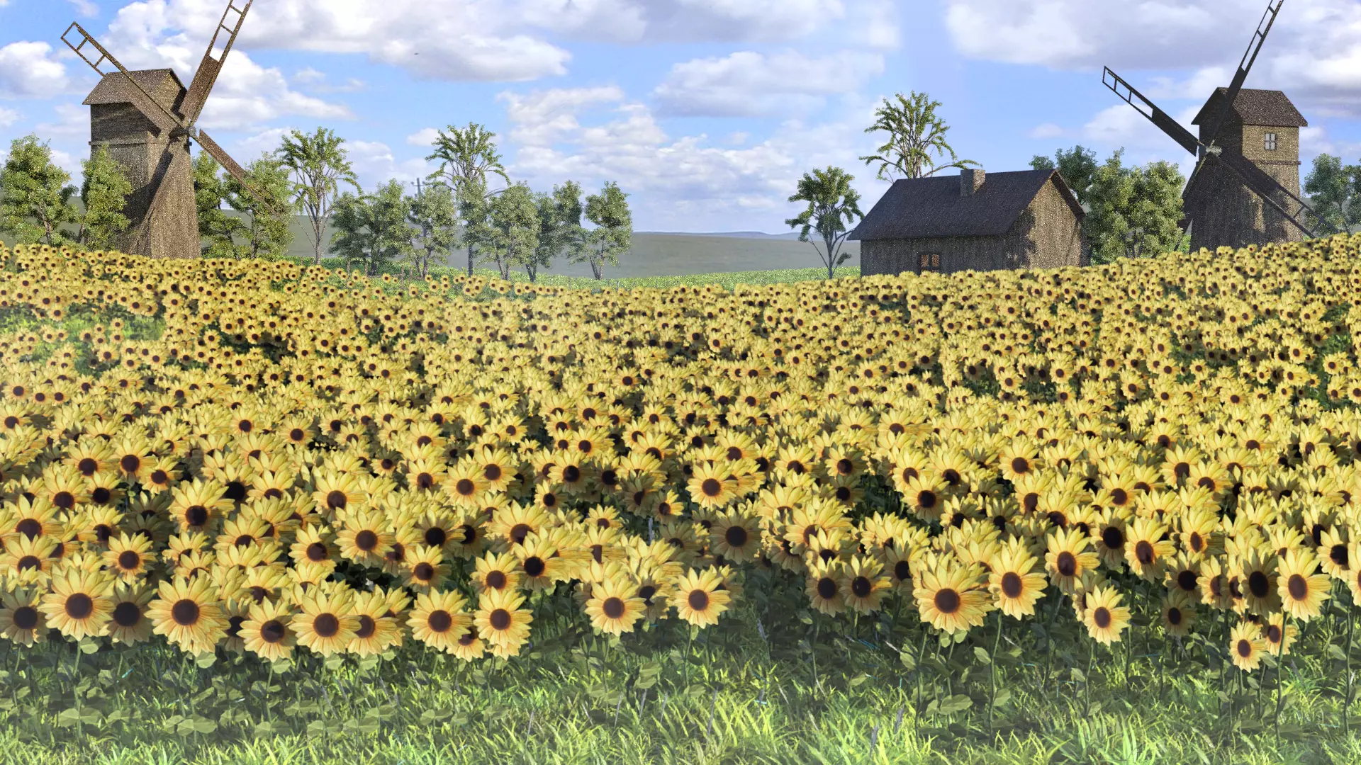 Low poly grass Sunflowers Low-poly 3D model_0