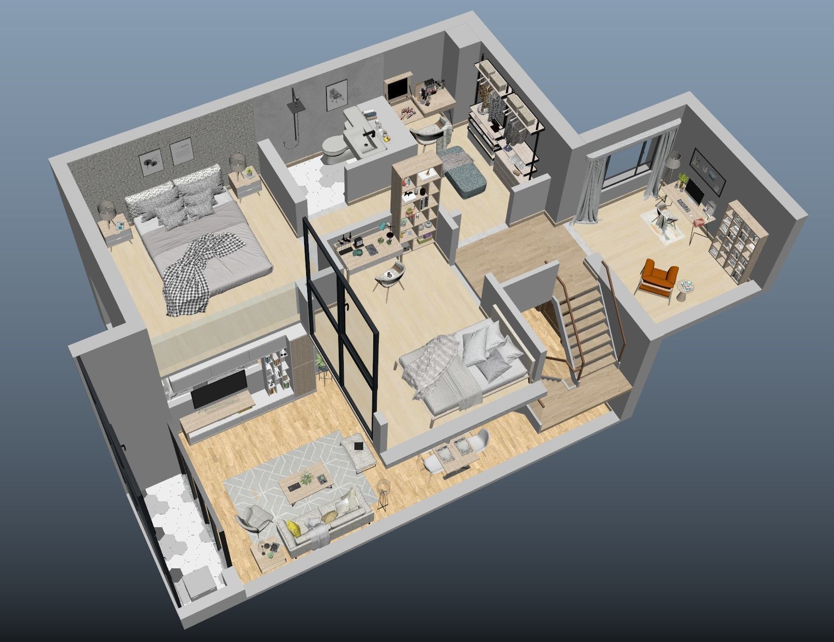 Duplex apartment floorplan Square50 3D model_2