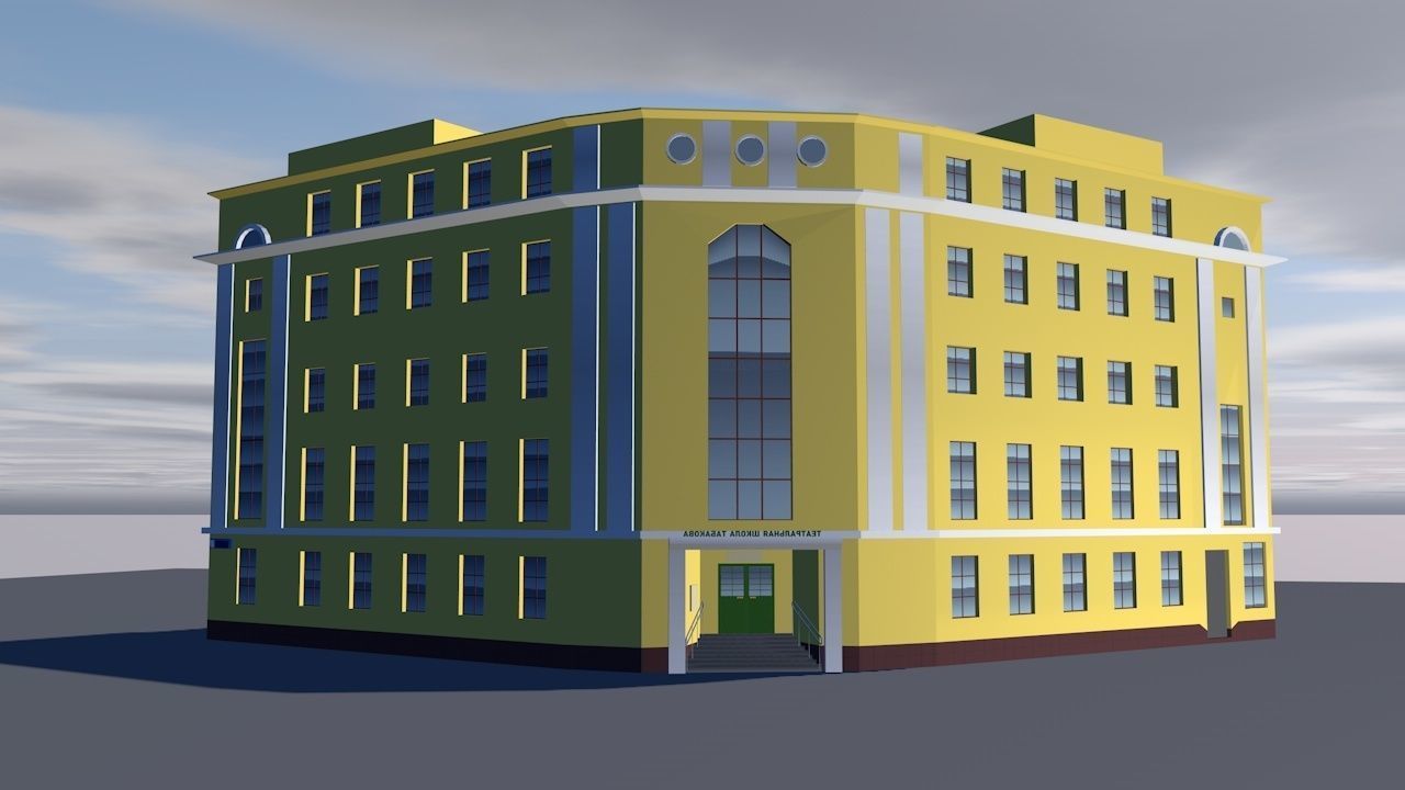 Theater building on cloudy day Low-poly 3D model_1